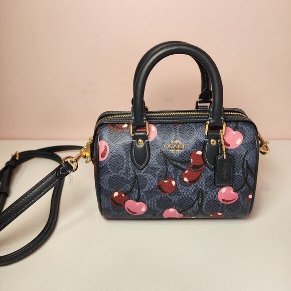 NWT Coach CY741 Mini Rowan Crossbody Bag Signature Cherry Print Denim Blue - Picture 1 of 7
